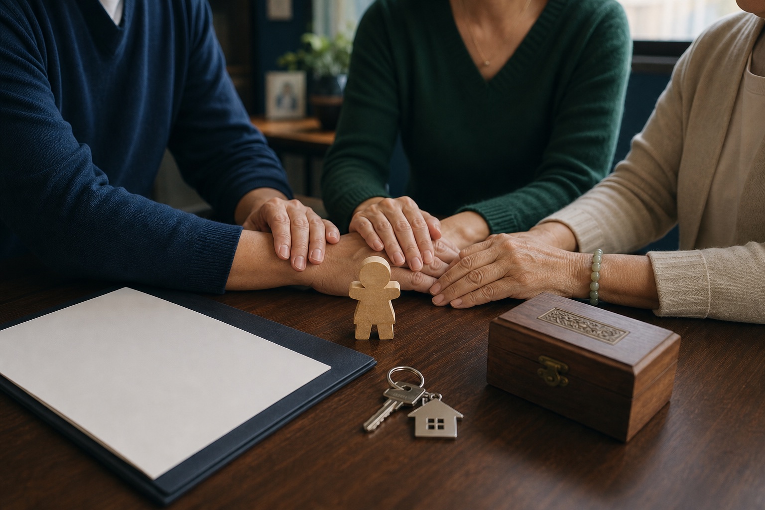 不同家庭成員站在同一個守護架構下，象徵多元關係中的照顧責任